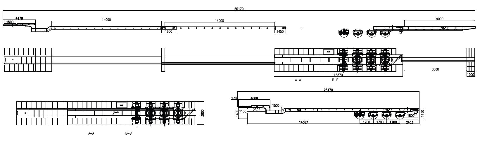 Drawing of 4 axles extendable flatbed trailer Drawing of 4 axles extendable flatbed trailer